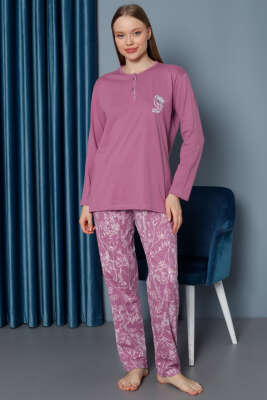 Desenli Nakışlı Pijama Takımı Menekşe - Pijama & Gecelik