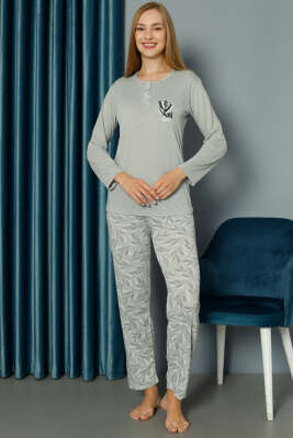 Desenli Nakışlı Uzun Kol Pijama Takımı Çağla Yeşili - Pijama & Gecelik