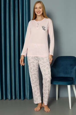 Desenli Nakışlı Uzun Kol Pijama Takımı Pembe - Pijama & Gecelik