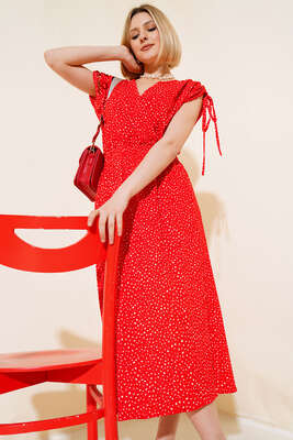 Desenli Omuz Büzgülü Midi Elbise Kırmızı - Thumbnail