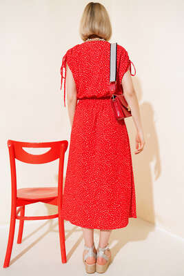 Desenli Omuz Büzgülü Midi Elbise Kırmızı - Thumbnail