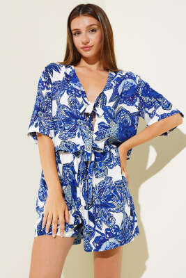 Desenli Önü Bağlamalı Şortlu Takım - Kadın Giyim Modelleri