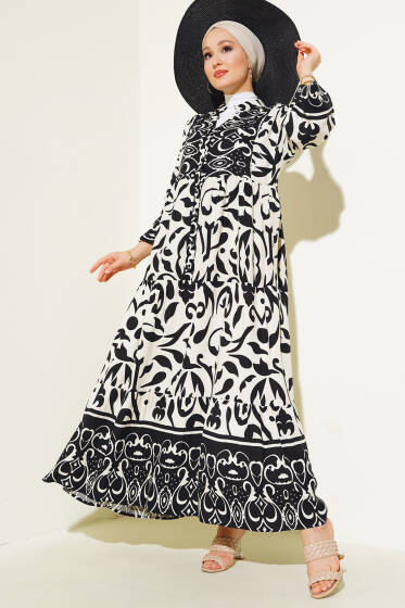 Desenli Önü Düğmeli Elbise Bej - Elbise