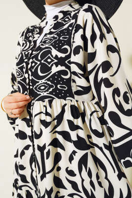 Desenli Önü Düğmeli Elbise Bej - Tesettür Elbise