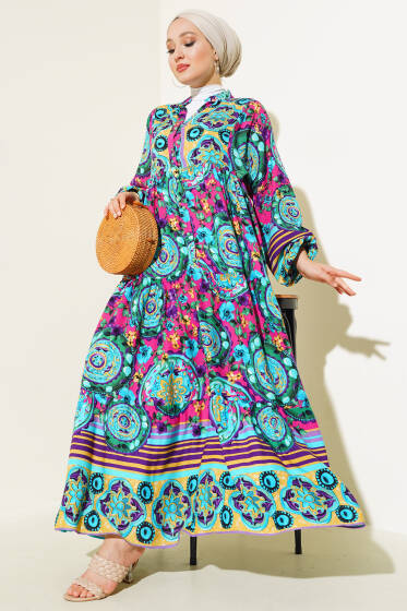 Desenli Önü Düğmeli Elbise Mint - Elbise