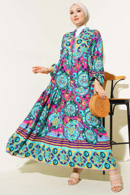 Desenli Önü Düğmeli Elbise Mint - Tesettür Elbise