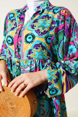 Desenli Önü Düğmeli Elbise Mint - Tesettür Elbise