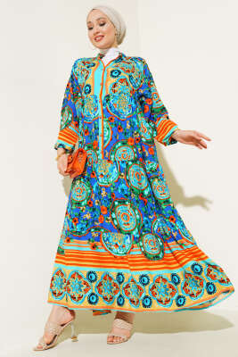 Desenli Önü Düğmeli Elbise Oranj 