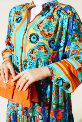 Desenli Önü Düğmeli Elbise Oranj - Tesettür Elbise