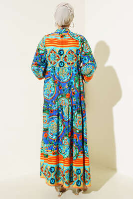 Desenli Önü Düğmeli Elbise Oranj - Tesettür Elbise