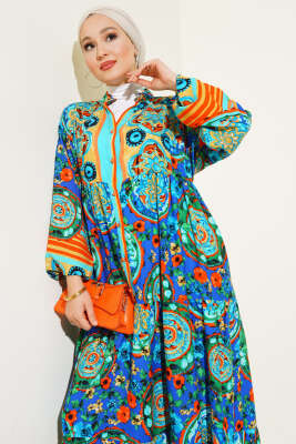 Desenli Önü Düğmeli Elbise Oranj - Tesettür Elbise