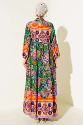 Desenli Önü Düğmeli Elbise Zümrüt - Tesettür Elbise