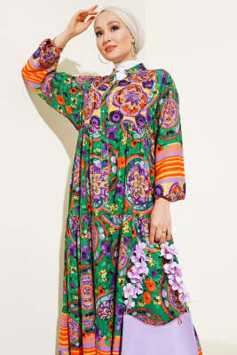 Desenli Önü Düğmeli Elbise Zümrüt - Tesettür Elbise