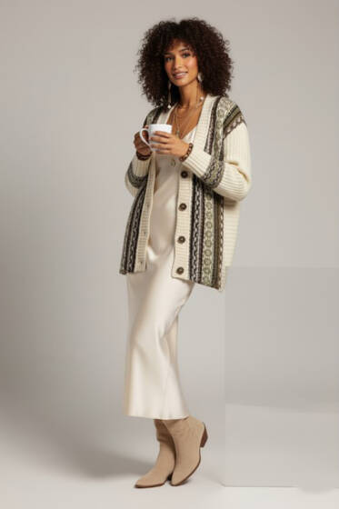 Desenli Önü Düğmeli Triko Hırka Krem - Kadın Giyim Modelleri