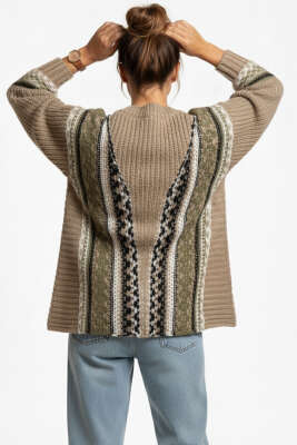 Desenli Önü Düğmeli Triko Hırka Vizon - Kadın Giyim Modelleri