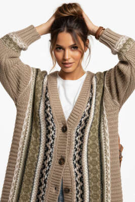 Desenli Önü Düğmeli Triko Hırka Vizon 