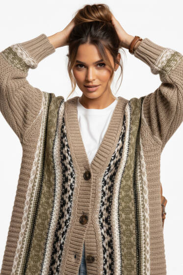 Desenli Önü Düğmeli Triko Hırka Vizon - Kadın Giyim Modelleri