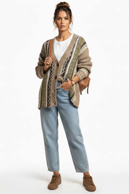 Desenli Önü Düğmeli Triko Hırka Vizon - Kadın Giyim Modelleri