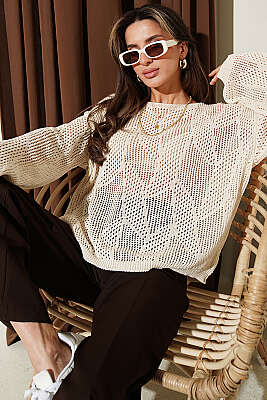 Desenli Oversize Ajur Triko Kazak Bej 