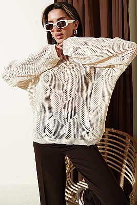 Desenli Oversize Ajur Triko Kazak Bej - Kadın Giyim Modelleri