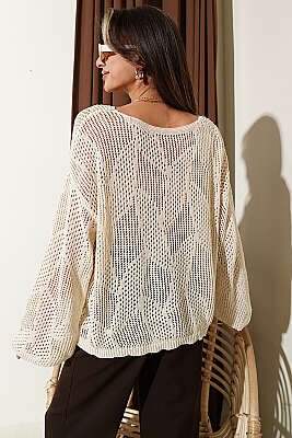 Desenli Oversize Ajur Triko Kazak Bej - Kadın Giyim Modelleri