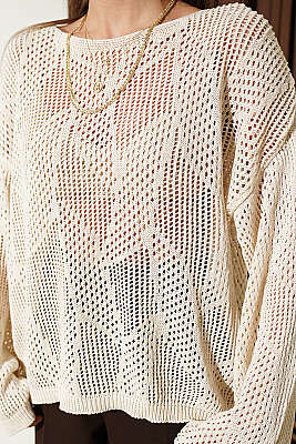 Desenli Oversize Ajur Triko Kazak Bej - Kadın Giyim Modelleri