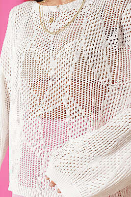 Desenli Oversize Ajur Triko Kazak Beyaz - Kadın Giyim Modelleri