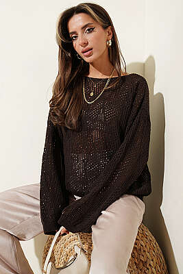 Desenli Oversize Ajur Triko Kazak Kahve - Kadın Giyim Modelleri