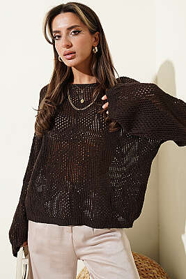 Desenli Oversize Ajur Triko Kazak Kahve - Kadın Giyim Modelleri