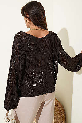 Desenli Oversize Ajur Triko Kazak Kahve - Kadın Giyim Modelleri