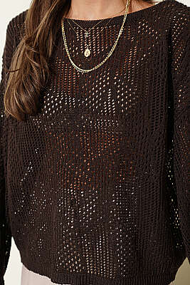 Desenli Oversize Ajur Triko Kazak Kahve - Kadın Giyim Modelleri