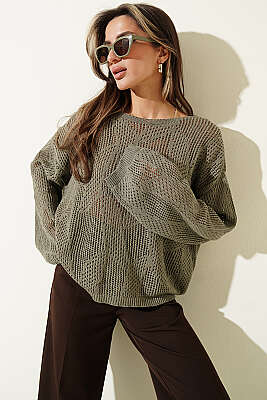 Desenli Oversize Ajur Triko Kazak Nefti - Kadın Giyim Modelleri