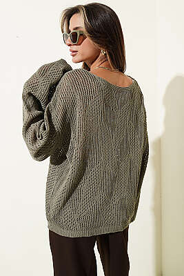 Desenli Oversize Ajur Triko Kazak Nefti - Kadın Giyim Modelleri