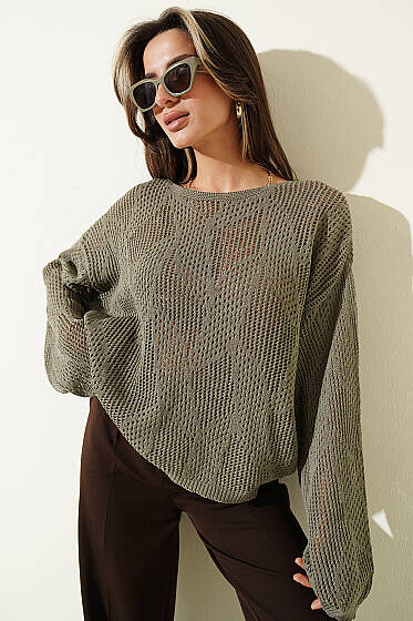 Desenli Oversize Ajur Triko Kazak Nefti - Yılın Fırsatı