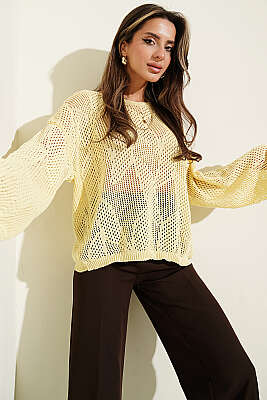 Desenli Oversize Ajur Triko Kazak Sarı 