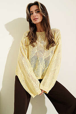 Desenli Oversize Ajur Triko Kazak Sarı - Kadın Giyim Modelleri