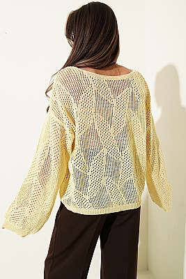 Desenli Oversize Ajur Triko Kazak Sarı - Kadın Giyim Modelleri