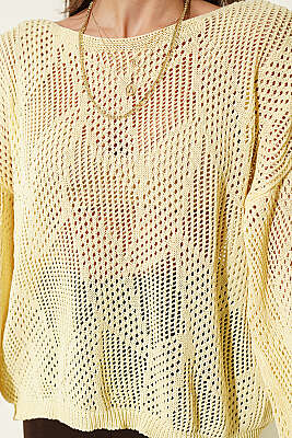 Desenli Oversize Ajur Triko Kazak Sarı - Kadın Giyim Modelleri