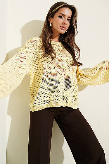 Desenli Oversize Ajur Triko Kazak Sarı - Yılın Fırsatı