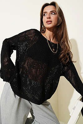 Desenli Oversize Ajur Triko Kazak Siyah 