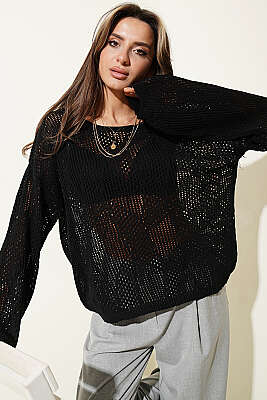 Desenli Oversize Ajur Triko Kazak Siyah - Kadın Giyim Modelleri