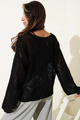 Desenli Oversize Ajur Triko Kazak Siyah - Kadın Giyim Modelleri