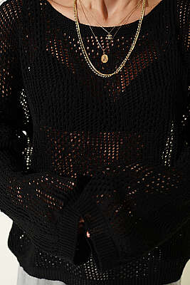 Desenli Oversize Ajur Triko Kazak Siyah - Kadın Giyim Modelleri