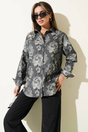 Desenli Oversize Gömlek Antrasit - Kadın Giyim Modelleri