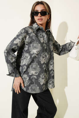 Desenli Oversize Gömlek Antrasit - Kadın Giyim Modelleri