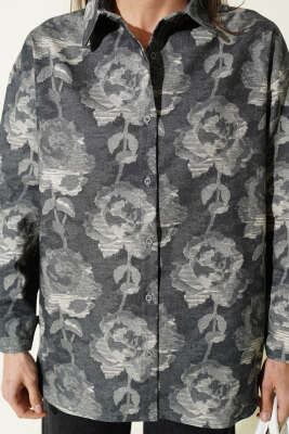 Desenli Oversize Gömlek Antrasit - Kadın Giyim Modelleri