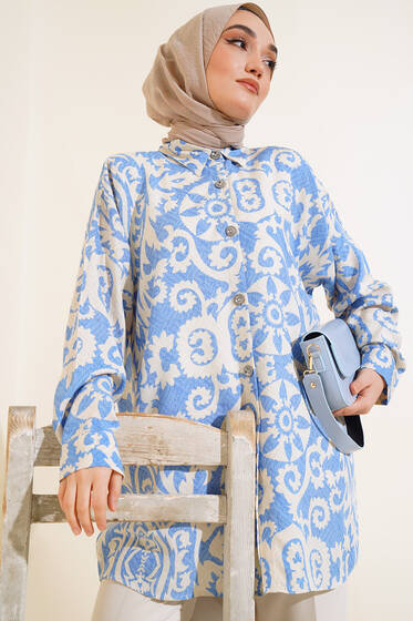 Desenli Oversize Gömlek Bebe Mavi - Gömlek