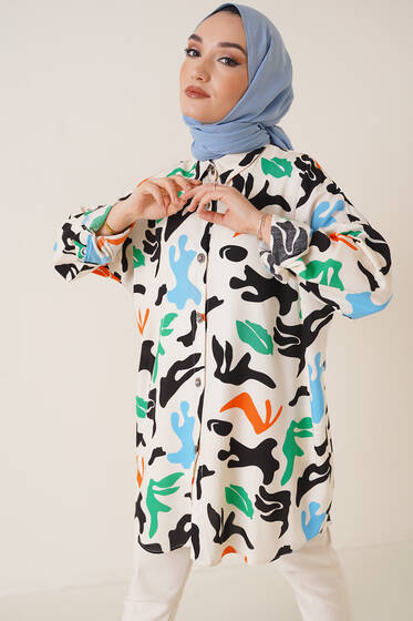 Desenli Oversize Gömlek Bej İndigo - Gömlek