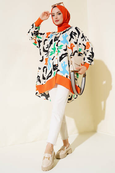 Desenli Oversize Gömlek Bej Oranj - Gömlek