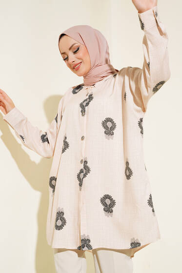 Desenli Oversize Gömlek Bej Siyah - Gömlek